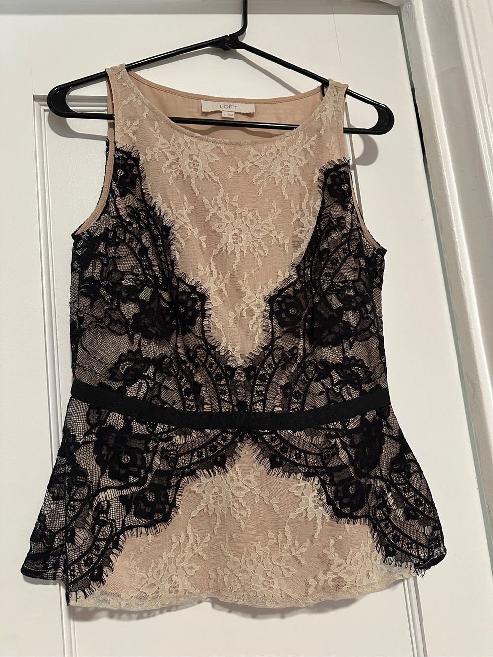 LOFT Black Lace Overlay on Nude Shell Top